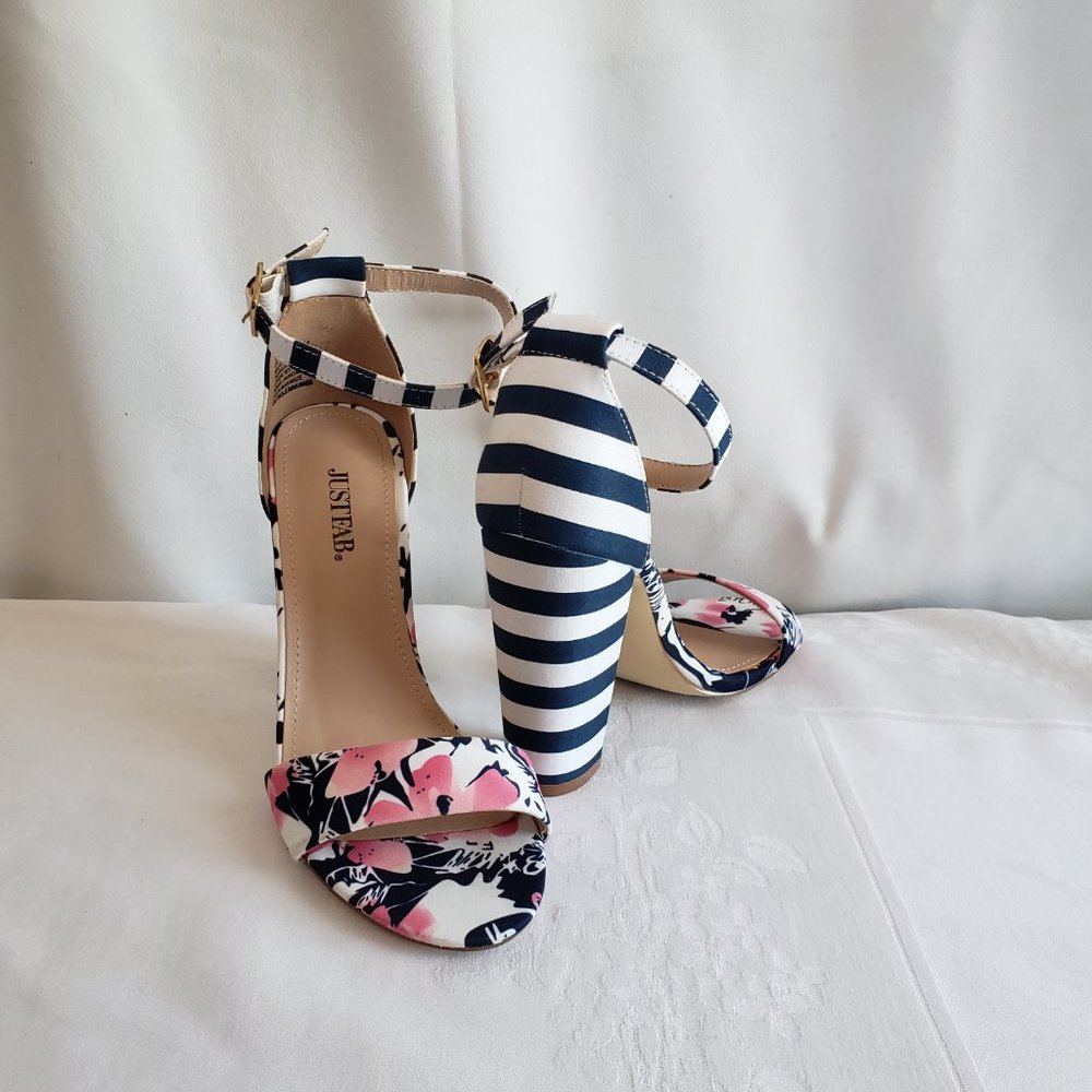 Size 7 JustFab Lena 4" Block heal sandal. Stripes and Floral.  Ankle strap. - Picture 4 of 12